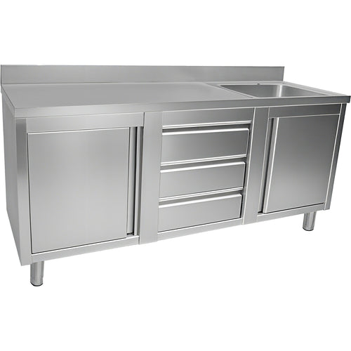 Commercial Sink with 2 Cupboards and 3 Drawers Stainless Steel 1 Bowl Right Splashback 2100x600x950mm - VSC216RBS3MD