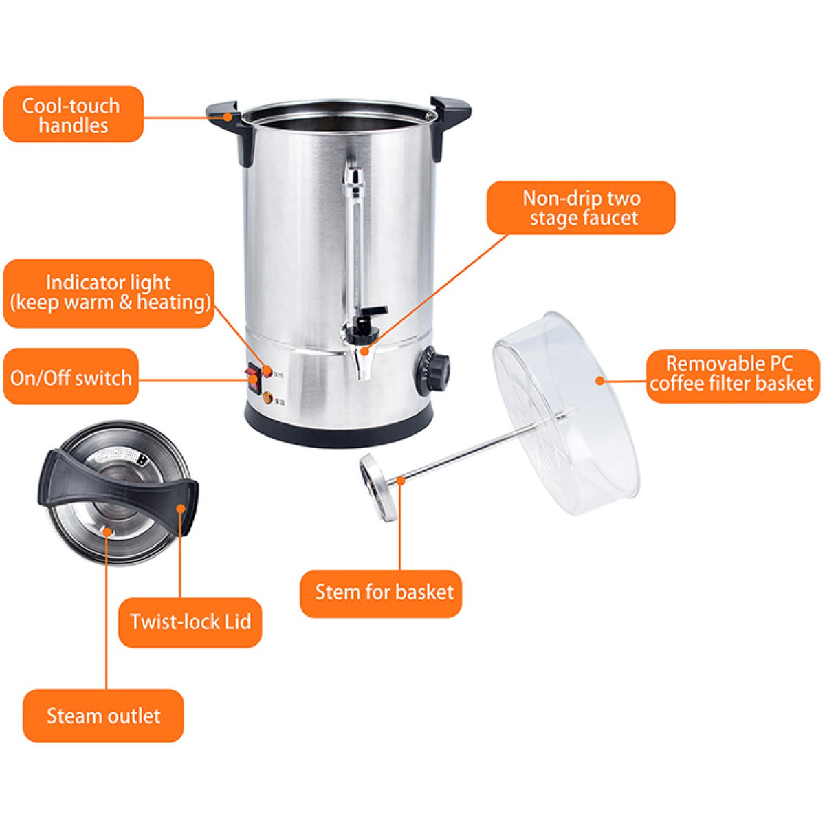 Commercial Double wall Coffee Urn with Boil-dry protection 25 litres 1.6kW - VICWBQ25