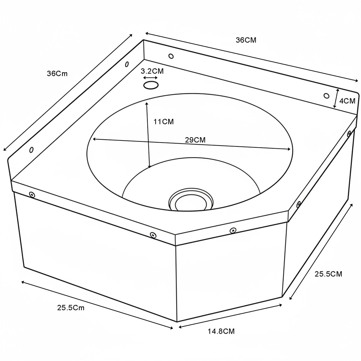 Corner Wall Mounted Hand Wash Sink with 40mm Backsplash and Side Wall 360 x 360mm - WBR50B