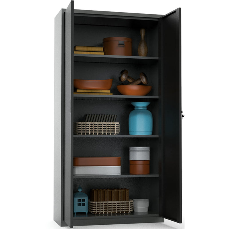 Heavy Duty Grey and Black 2 Door Lockable Steel Tool Cabinet with 4 Adjustable Shelves 900x380x1800mm - WG27
