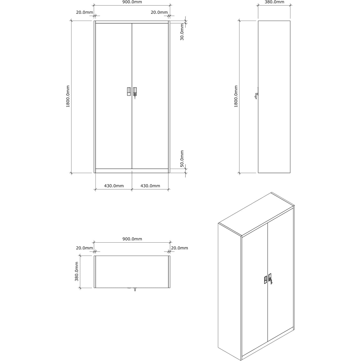 Heavy Duty Grey and Black 2 Door Lockable Steel Tool Cabinet with 4 Adjustable Shelves 900x380x1800mm - WG27