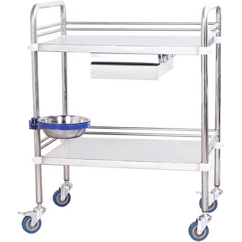 Professional 2 Tier Medical Trolley 1 Drawers Stainless Steel 600x400x860mm - WHSS2T6040D