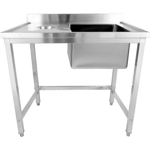 Commercial Stainless Steel Single Sink with Right Bowl & Left Scrapping Hole + Splashback 1000x600x950mm - WHSTD1060R