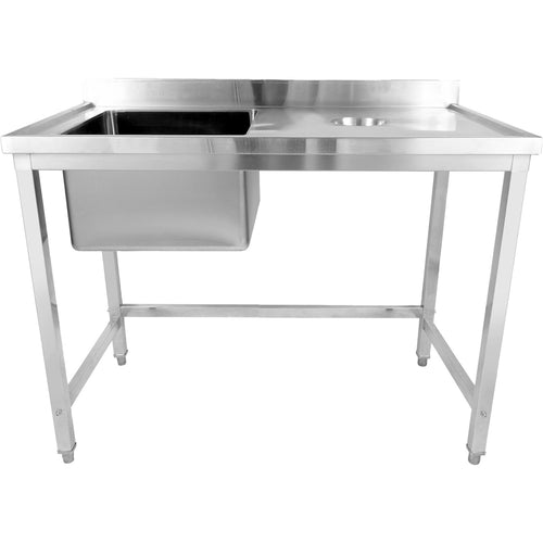 Commercial Stainless Steel Single Sink with Left Bowl & Right Scrapping Hole + Splashback 1200x600x950mm - WHSTD1260L