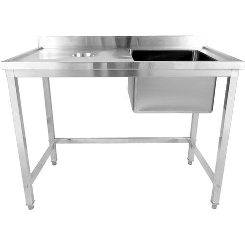 Commercial Stainless Steel Single Sink with Right Bowl & Left Scrapping Hole + Splashback 1200x600x950mm - WHSTD1260R