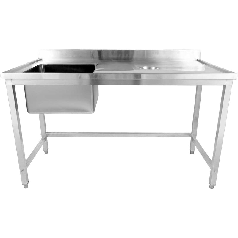 Commercial Stainless Steel Single Sink with Left Bowl & Right Scrapping Hole + Splashback 1400x700x950mm - WHSTD1470L