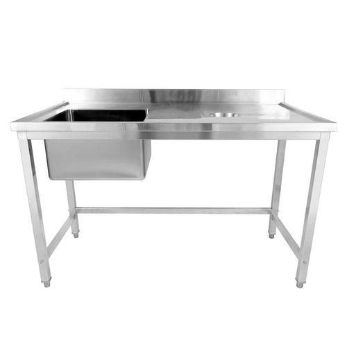 Commercial Stainless Steel Single Sink with Left Bowl & Right Scrapping Hole + Splashback 1500x600x950mm - WHSTD1560L