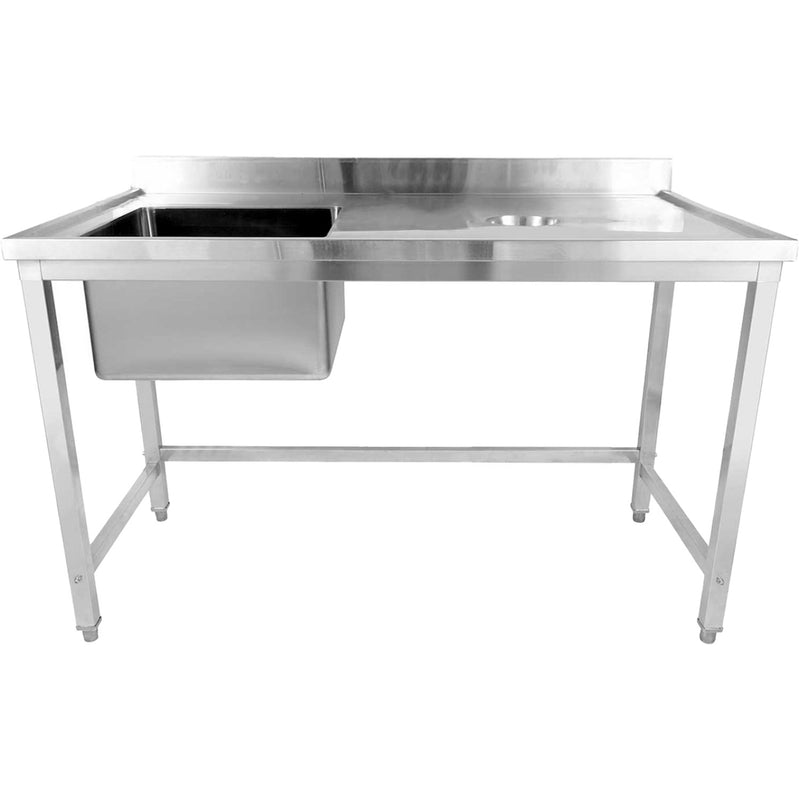 Commercial Stainless Steel Single Sink with Left Bowl & Right Scrapping Hole + Splashback 1500x700x950mm - WHSTD1570L