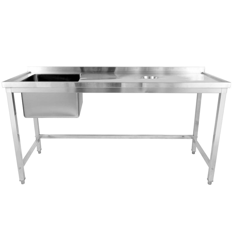Commercial Stainless Steel Single Sink with Left Bowl & Right Scrapping Hole + Splashback 1800x600x950mm - WHSTD1860L