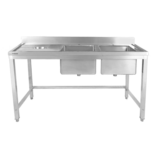 Commercial Stainless Steel Double Sink with 2 Right Bowls & Left Scrapping Hole + Splashback 1500x600x950mm - WHSTT1560R