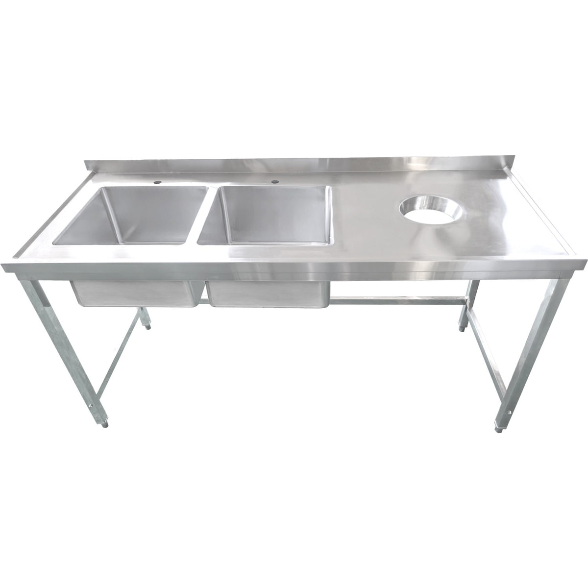 Commercial Stainless Steel Double Sink with 2 Left Bowls & Right Scrapping Hole + Splashback 1500x700x950mm - WHSTT1570L