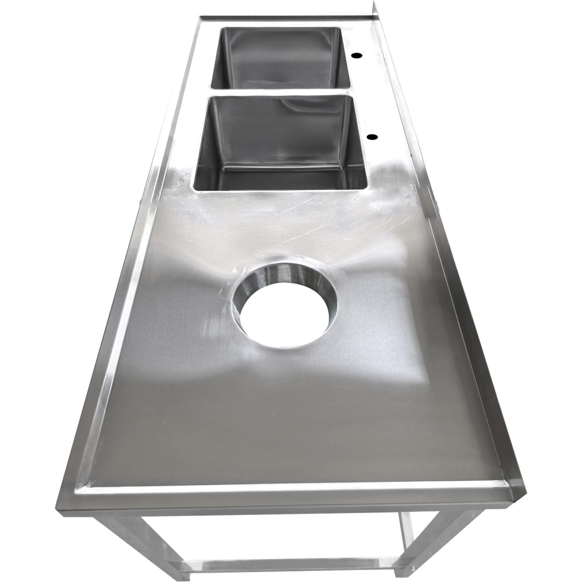 Commercial Stainless Steel Double Sink with 2 Left Bowls & Right Scrapping Hole + Splashback 1500x700x950mm - WHSTT1570L