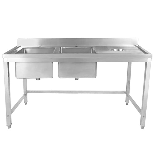 Commercial Stainless Steel Double Sink with 2 Left Bowls & Right Scrapping Hole + Splashback 1800x600x950mm - WHSTT1860L