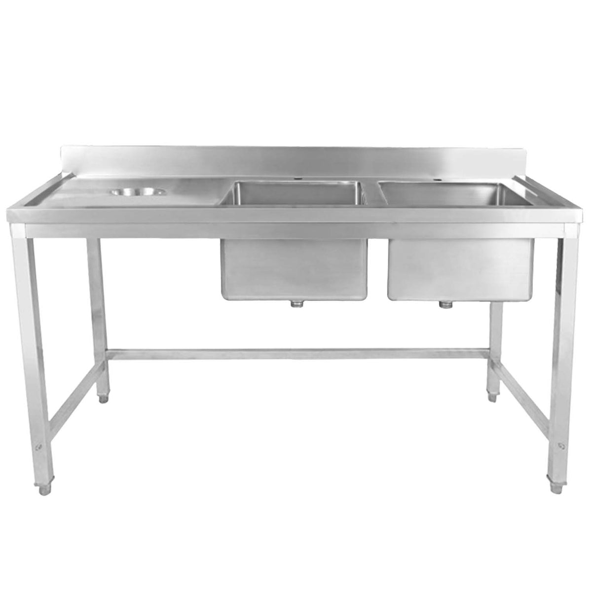 Commercial Stainless Steel Double Sink with 2 Right Bowls & Left Scrapping Hole + Splashback 1800x600x950mm - WHSTT1860R