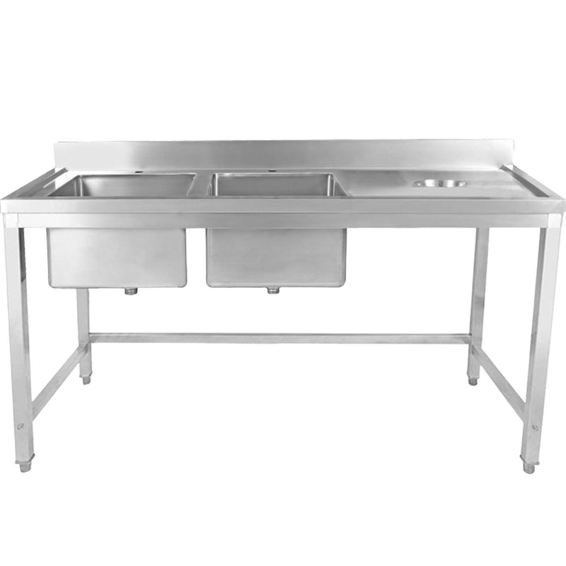 Commercial Stainless Steel Double Sink with 2 Left Bowls & Right Scrapping Hole + Splashback 2000x600x950mm - WHSTT2060L