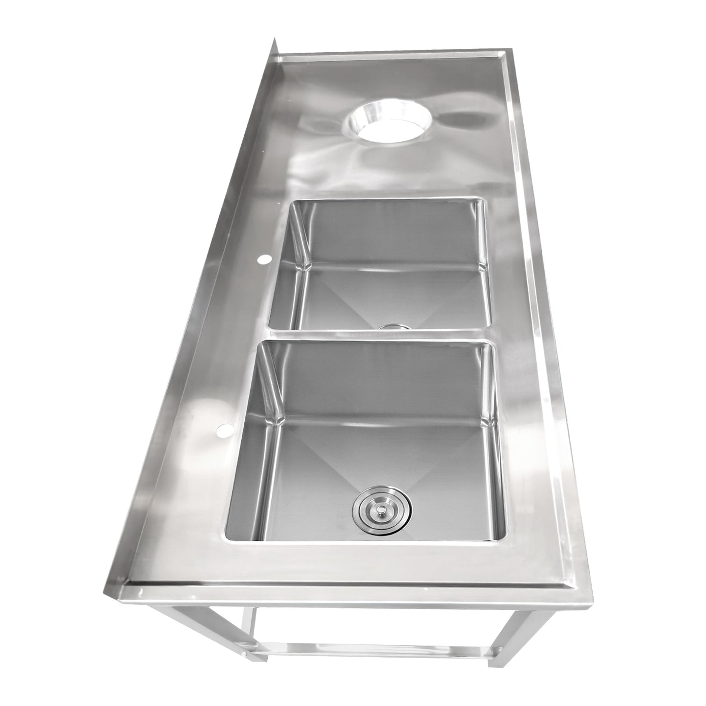 Commercial Stainless Steel Double Sink with 2 Left Bowls & Right Scrapping Hole + Splashback 2000x600x950mm - WHSTT2060L