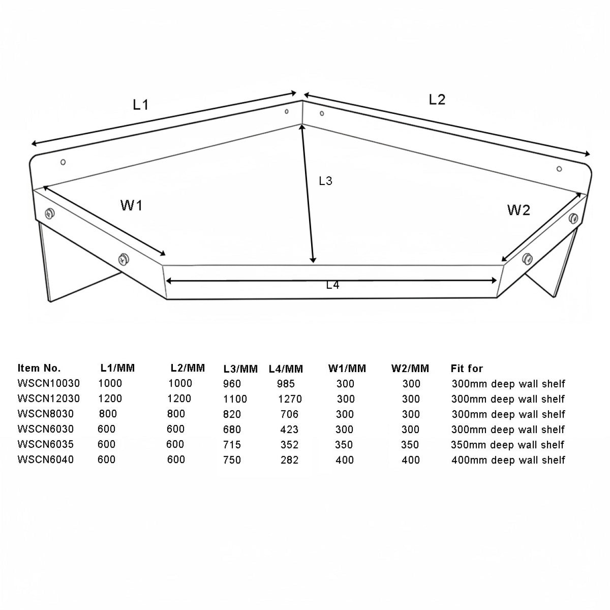 Wall Shelf Corner unit Stainless steel 1000x1000x300mm - WSCN10030