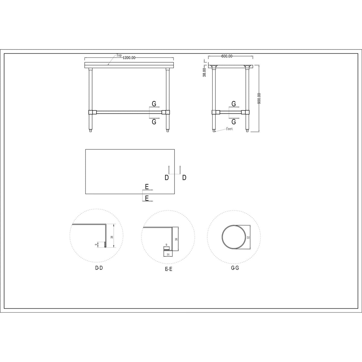 Commercial Stainless Steel Work Table No Bottom shelf with Upstand 1200x600x900mm - WT60120GBNU