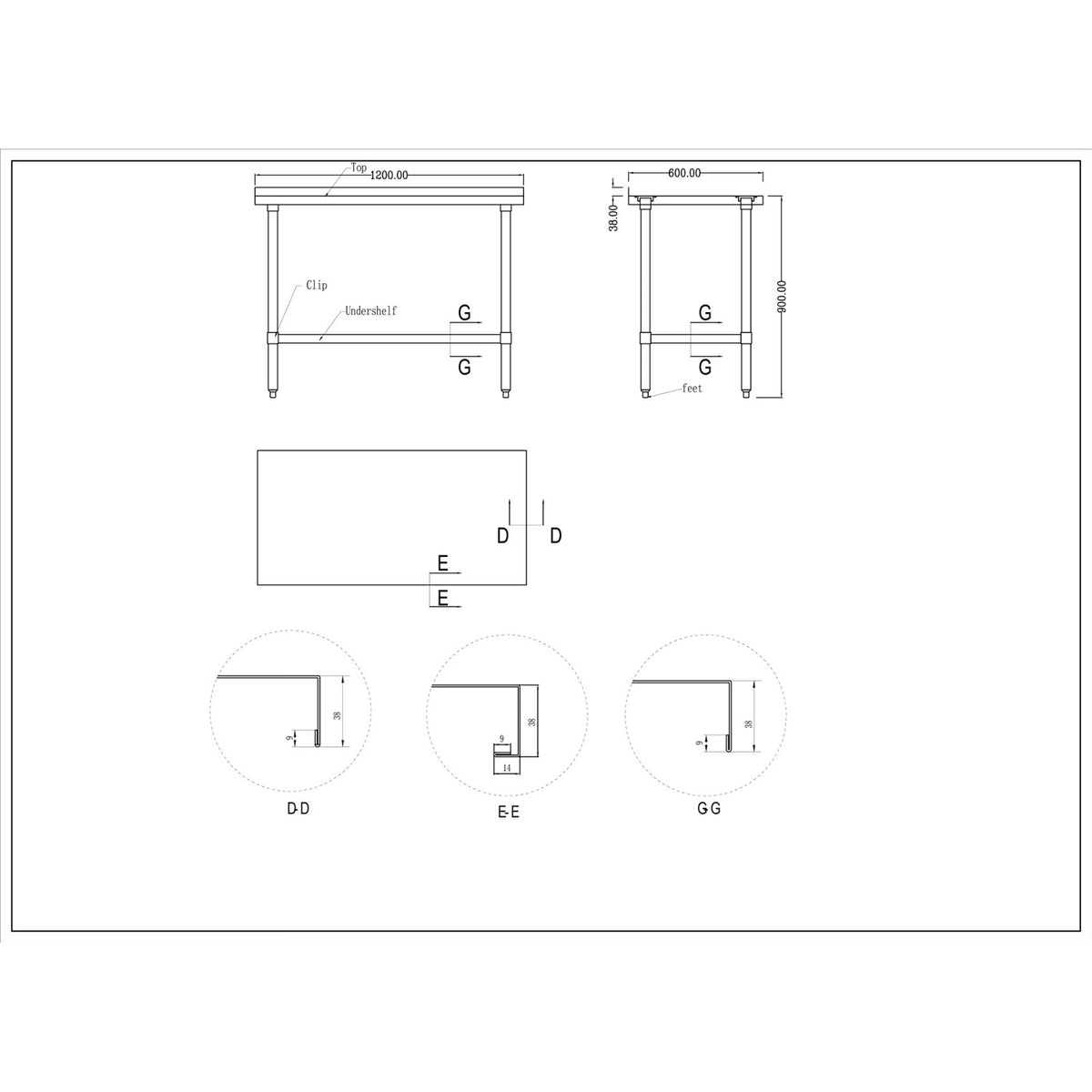 Commercial Stainless Steel Work Table Bottom shelf Upstand 1200x600x900mm - WT60120GB