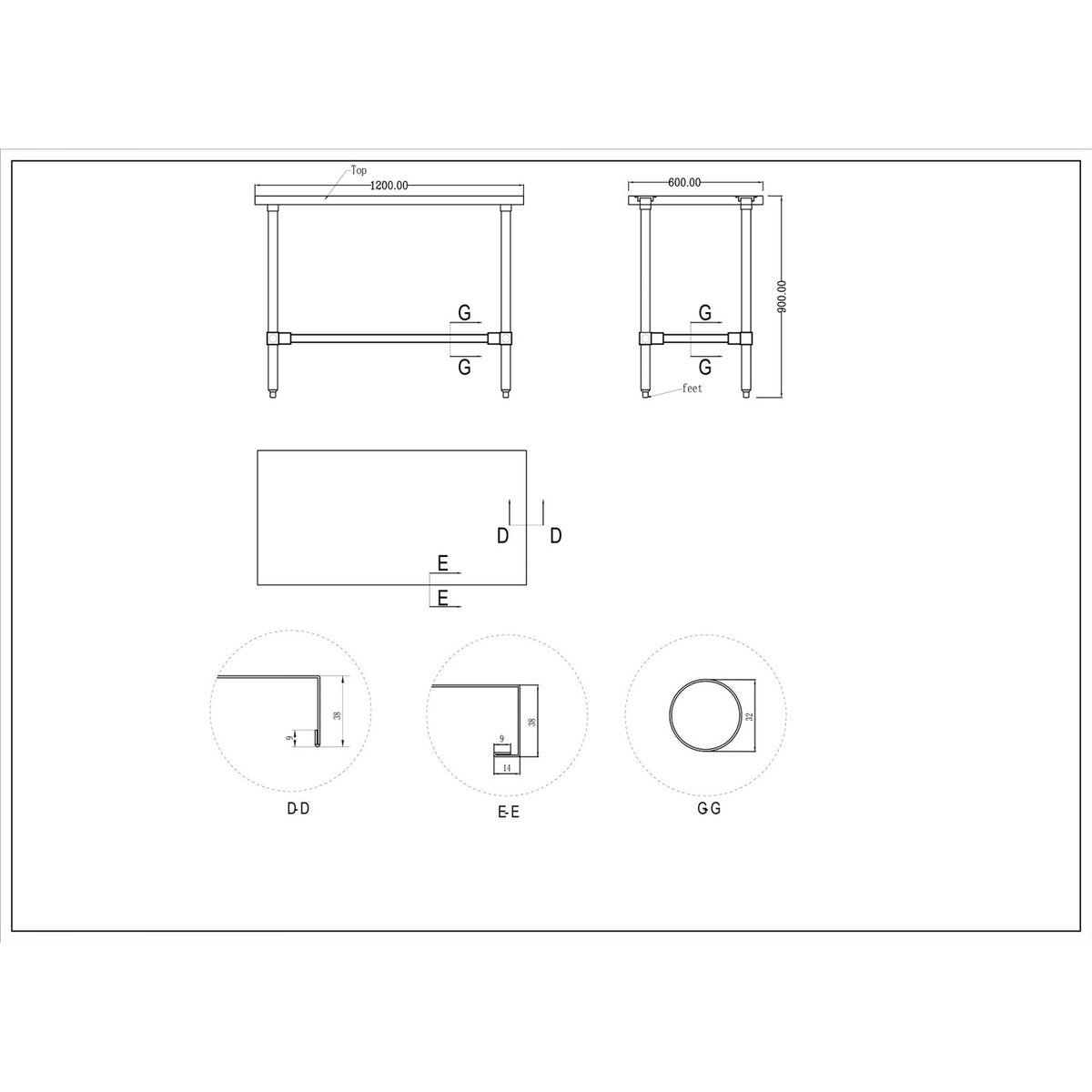 Commercial Stainless Steel Work Table No Bottom shelf 1200x600x900mm - WT60120GNU
