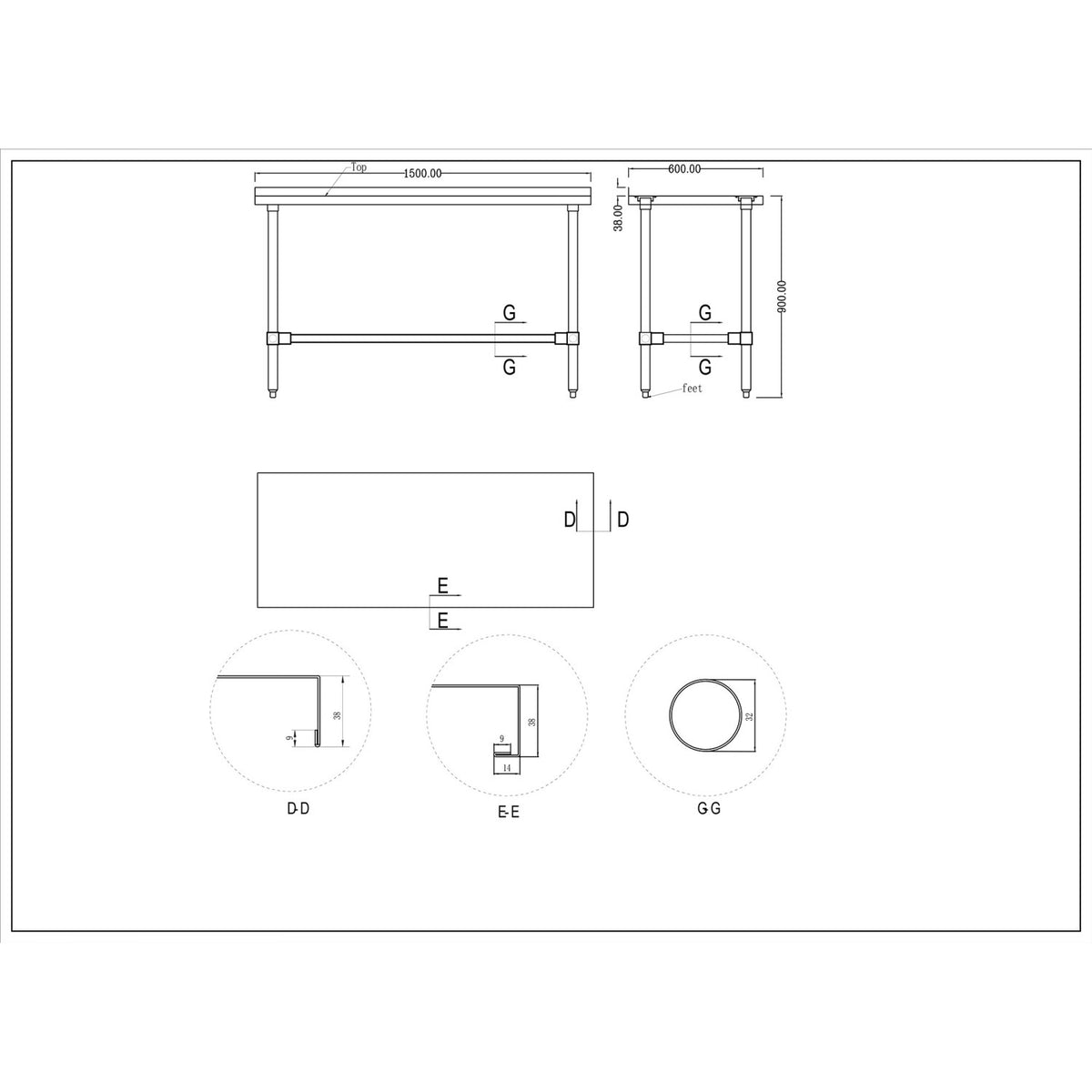 Commercial Stainless Steel Work Table No Bottom shelf with Upstand 1500x600x900mm - WT60150GBNU