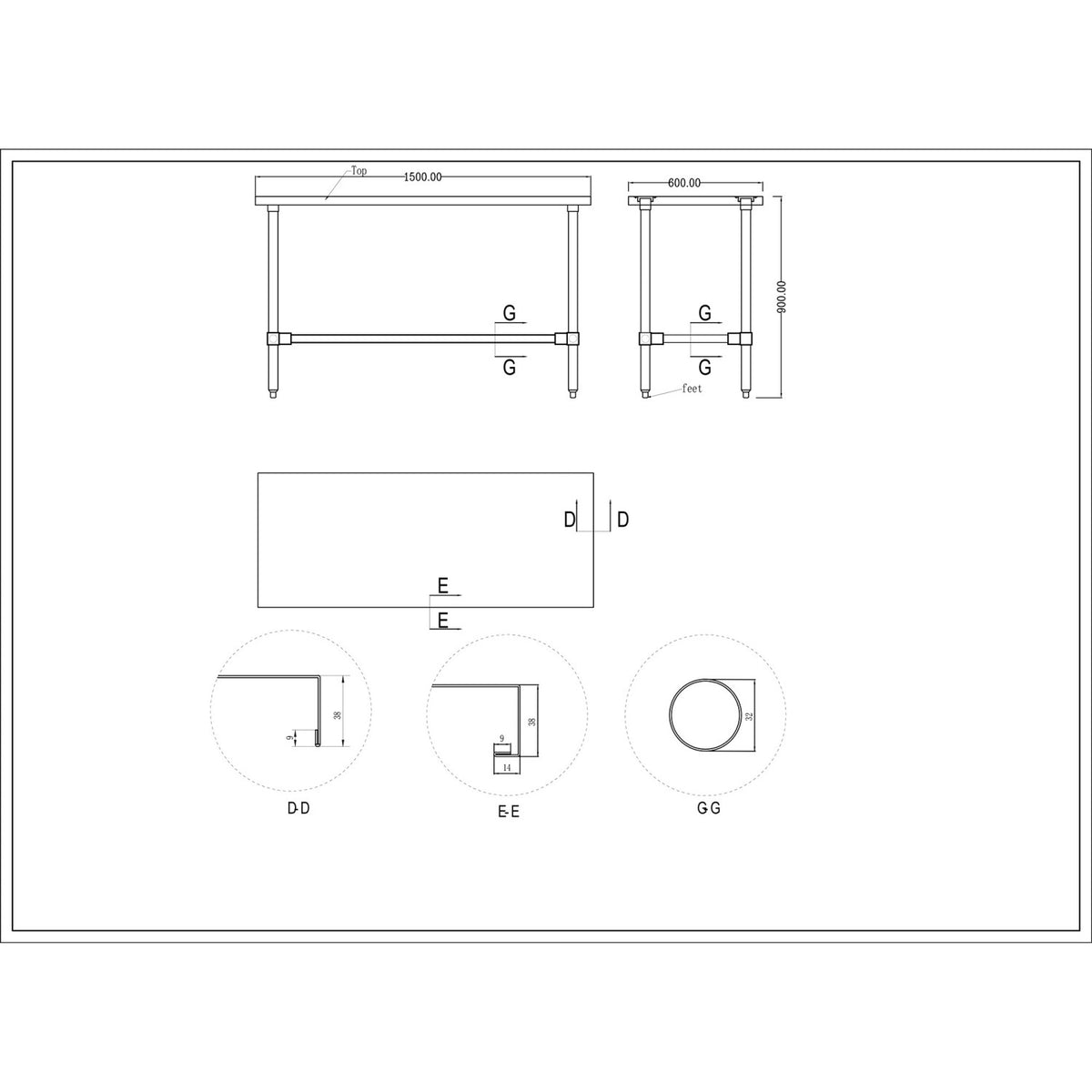 Commercial Stainless Steel Work Table No Bottom shelf 1500x600x900mm - WT60150GNU