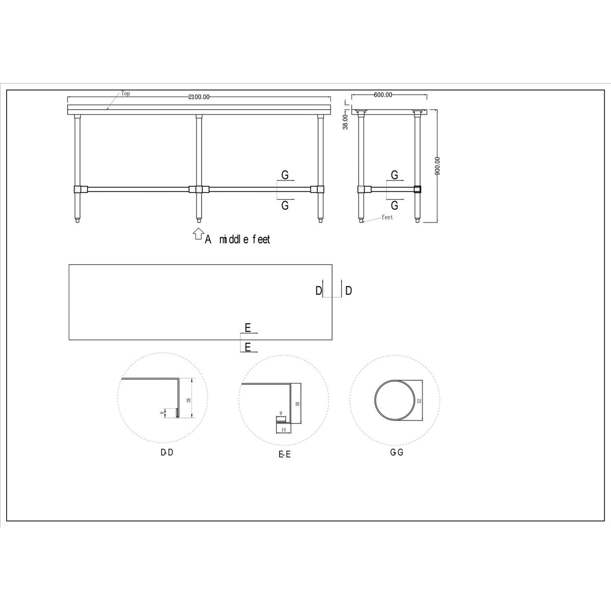 Commercial Stainless Steel Work Table No Bottom shelf with Upstand 2100x600x900mm - WT60210GBNU