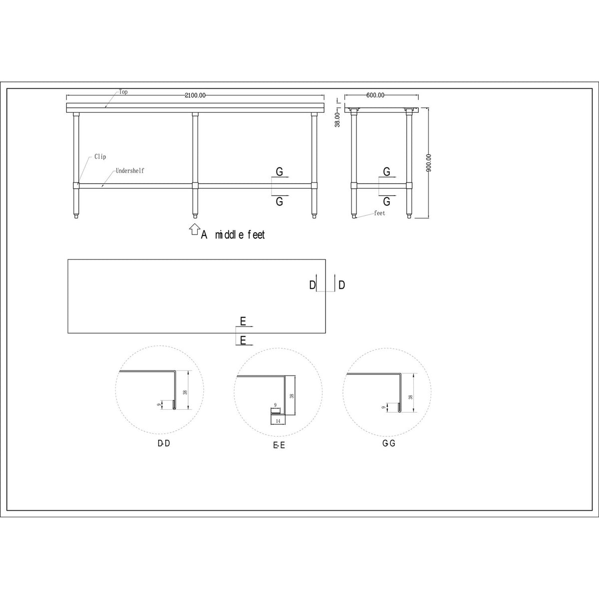 Commercial Stainless Steel Work Table Bottom shelf Upstand 2100x600x900mm - WT60210GB