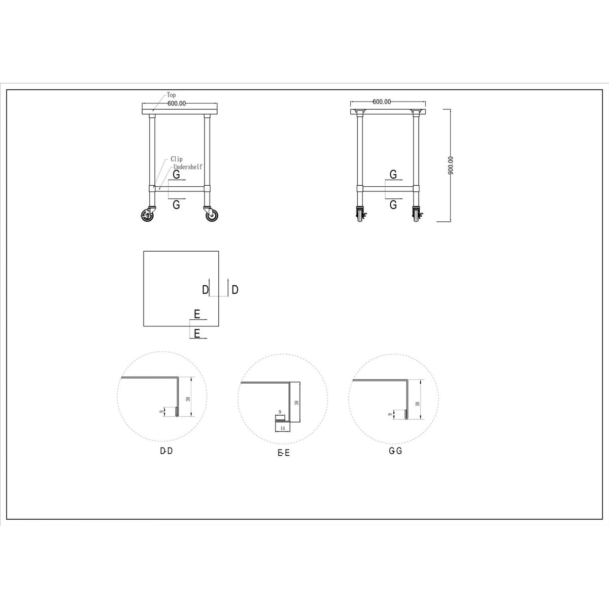 Commercial Mobile Stainless Steel Work Table Bottom shelf 600x600x900mm - WT6060GMOBILE