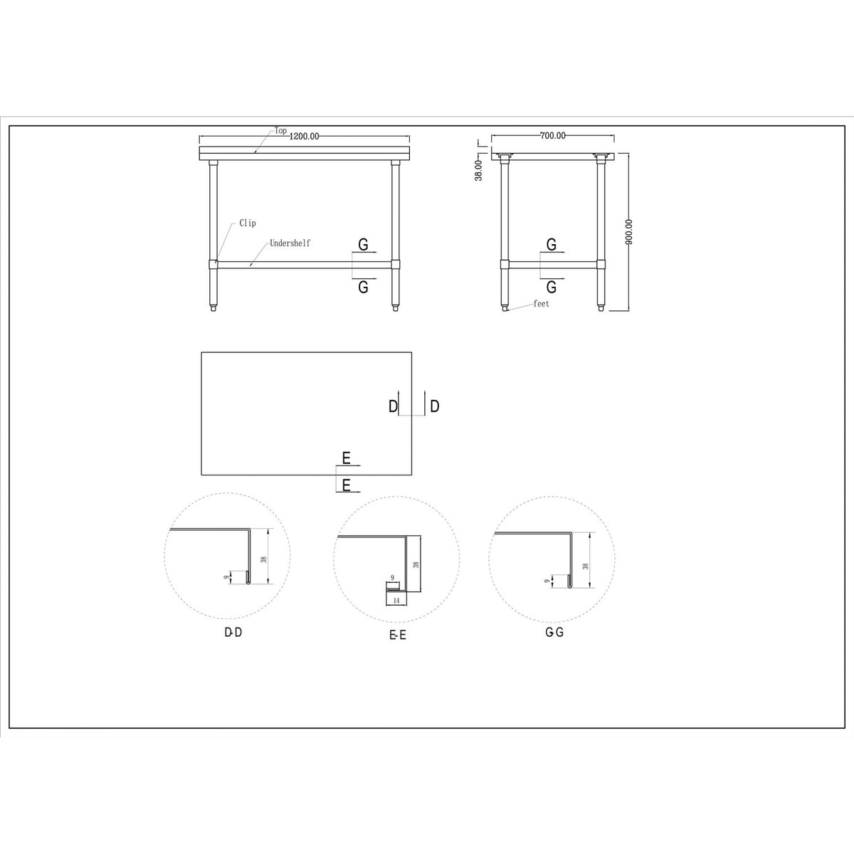 Commercial Stainless Steel Work Table Bottom shelf Upstand 1200x700x900mm - WT70120GB