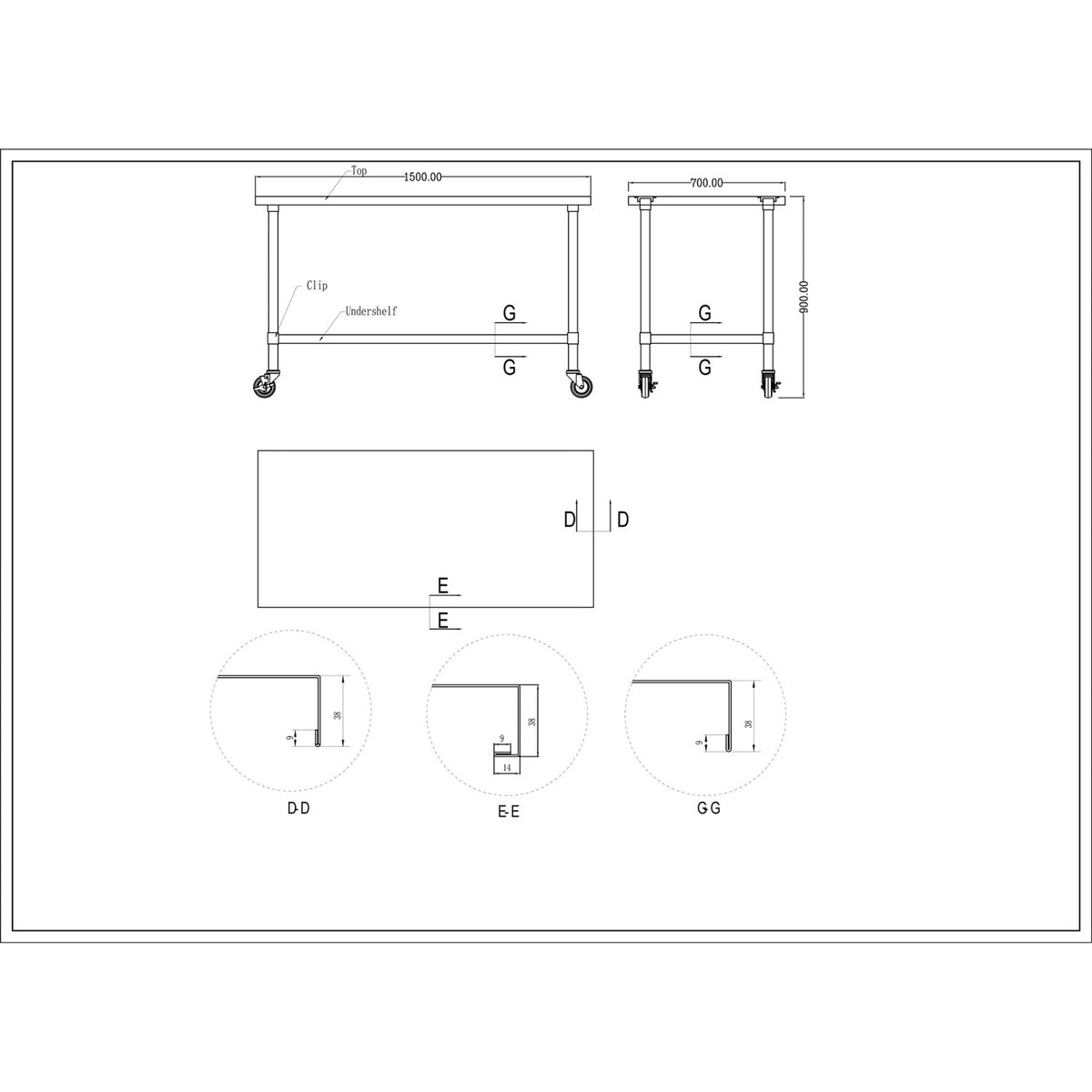 Commercial Mobile Stainless Steel Work Table Bottom shelf 1500x700x900mm - WT70150GMOBILE