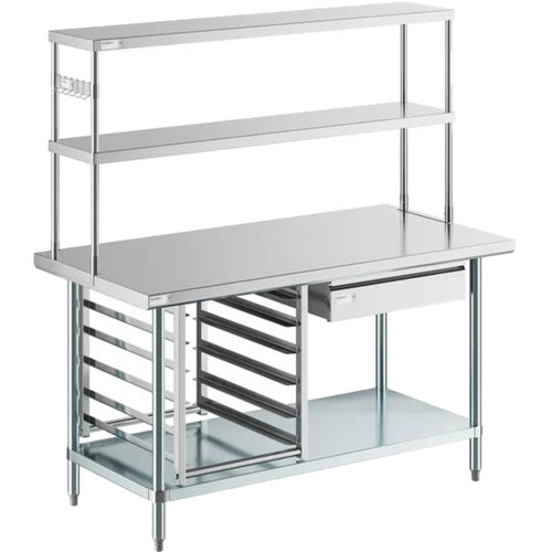 Commercial Stainless Steel Work Table with Overshelf, Drawer & GN Pan Rack 1800x700x1675mm - WT70180PS