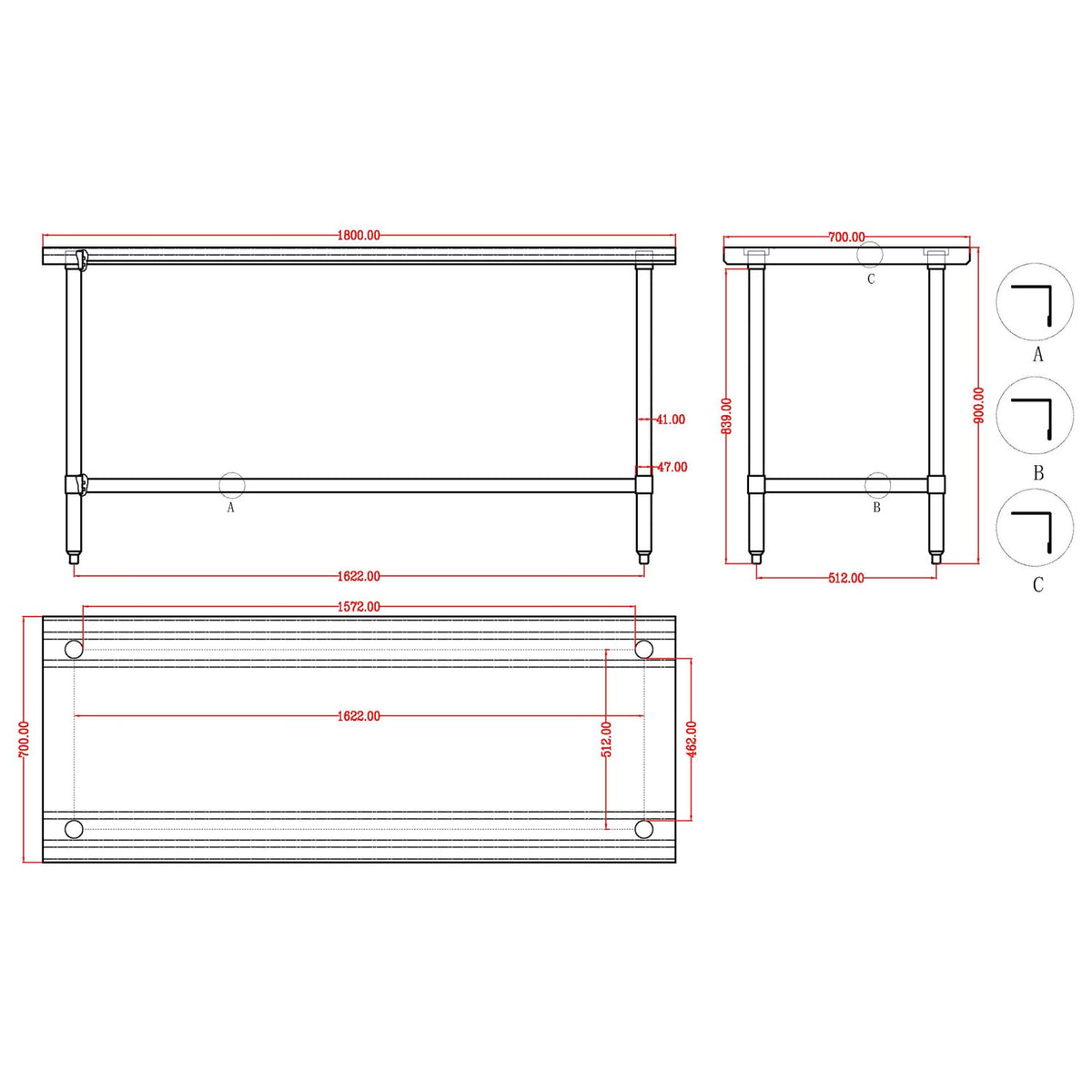 Commercial Stainless Steel Work Table No Bottom shelf with Upstand 1800x700x900mm - WT70180GBNU