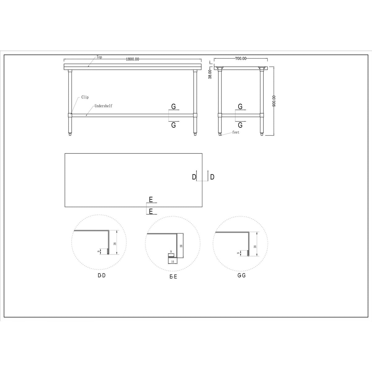 Commercial Stainless Steel Work Table Bottom shelf Upstand 1800x700x900mm - WT70180GB