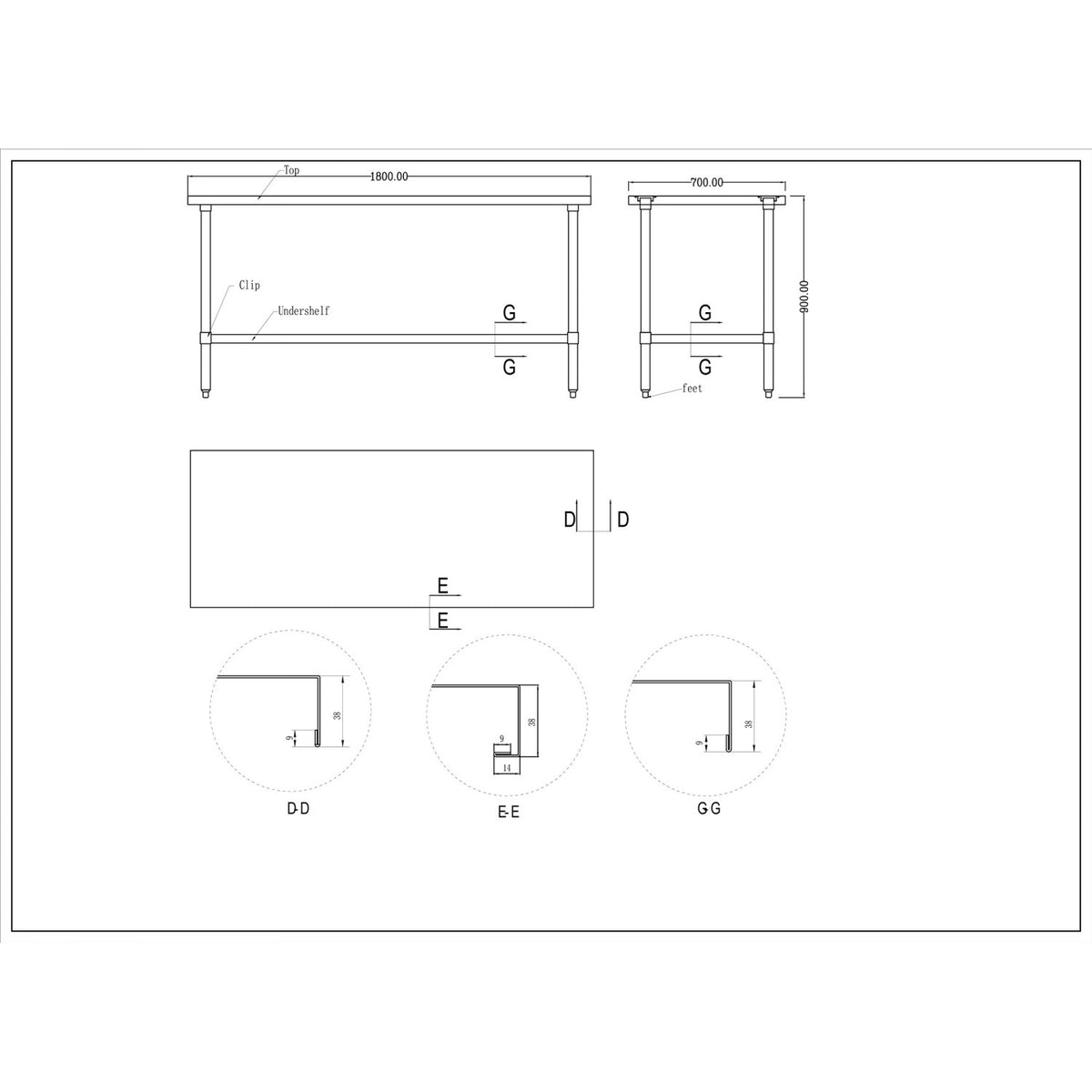 Commercial Stainless Steel Work Table Bottom shelf 1800x700x900mm - WT70180G