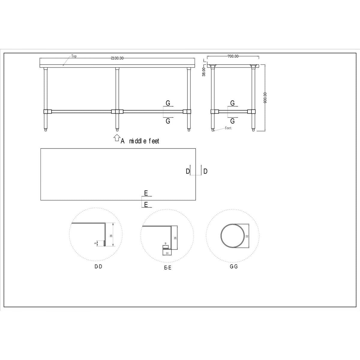 Commercial Stainless Steel Work Table No Bottom shelf with Upstand 2100x700x900mm - WT70210GBNU