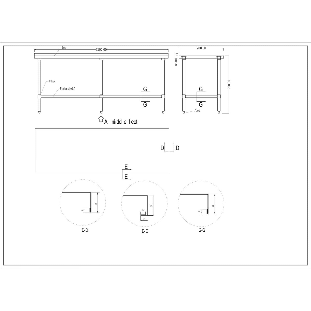 Commercial Stainless Steel Work Table Bottom shelf Upstand 2100x700x900mm - WT70210GB