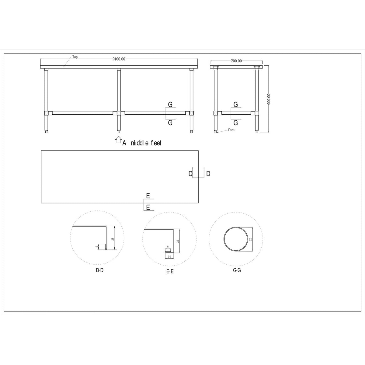 Commercial Stainless Steel Work Table No Bottom shelf 2100x700x900mm - WT70210GNU