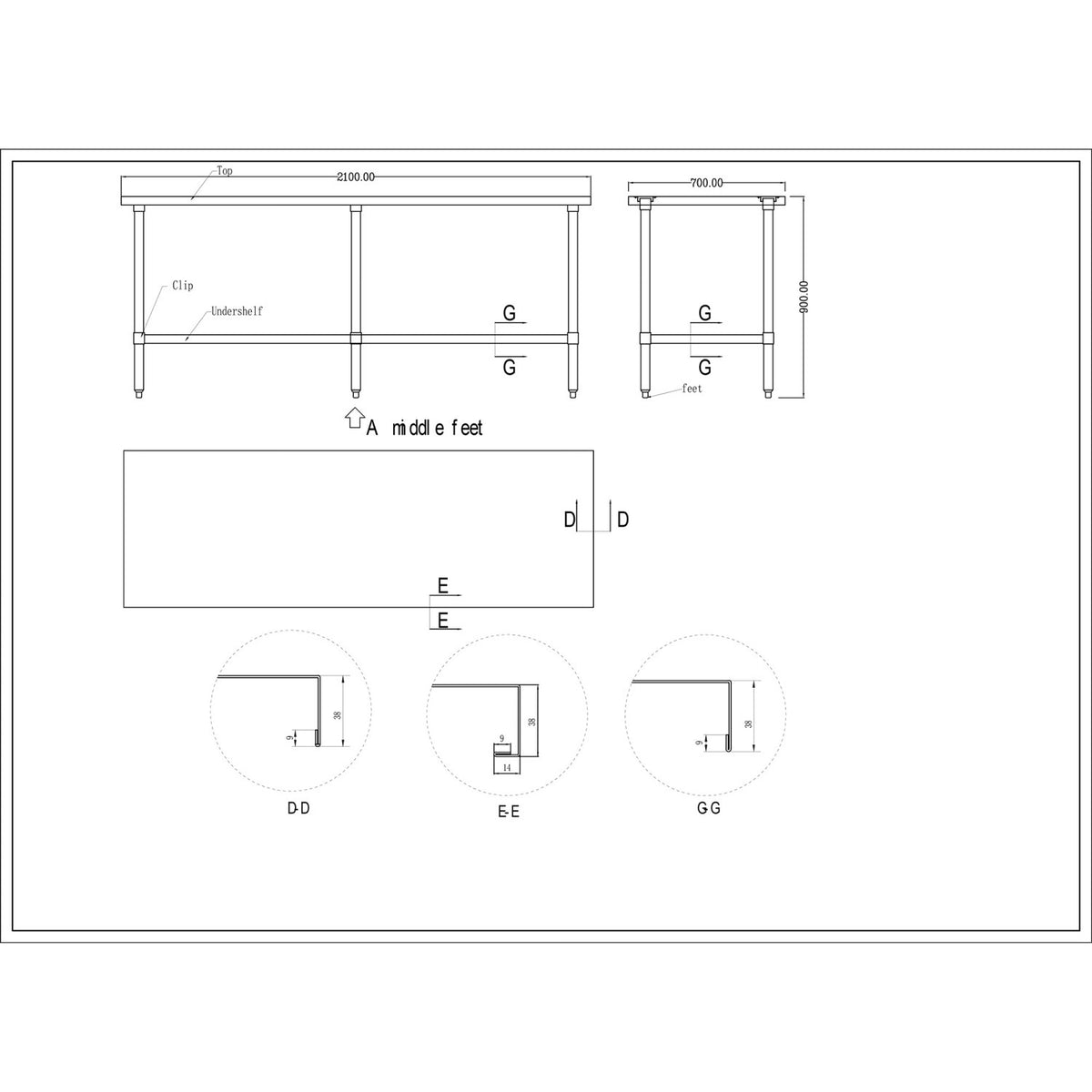 Commercial Stainless Steel Work Table Bottom shelf 2100x700x900mm - WT70210G