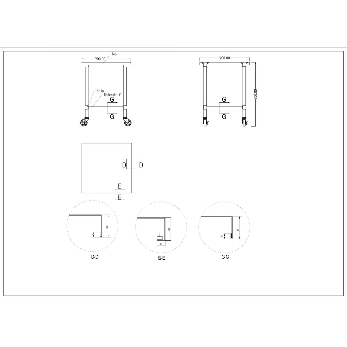 Commercial Mobile Stainless Steel Work Table Bottom shelf 700x700x900mm - WT7070GMOBILE