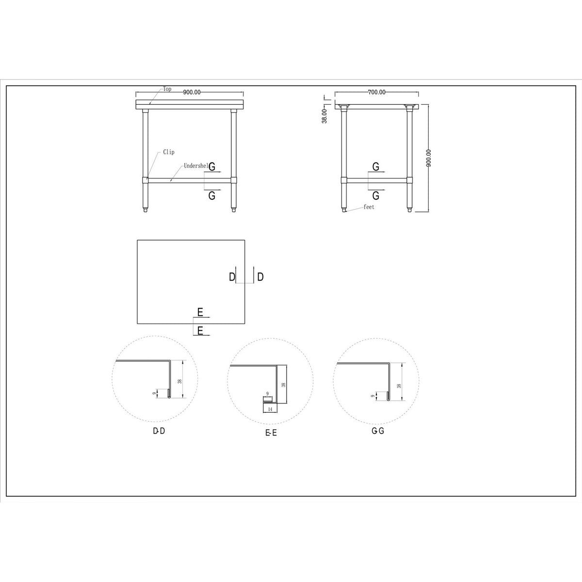 Commercial Stainless Steel Work Table Bottom shelf Upstand 900x700x900mm - WT7090GB