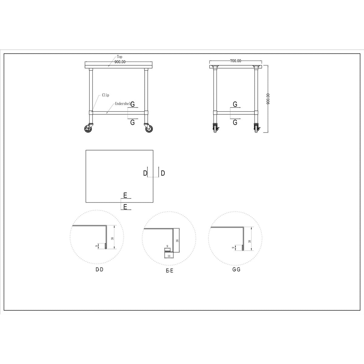 Commercial Mobile Stainless Steel Work Table Bottom shelf 900x700x900mm - WT7090GMOBILE