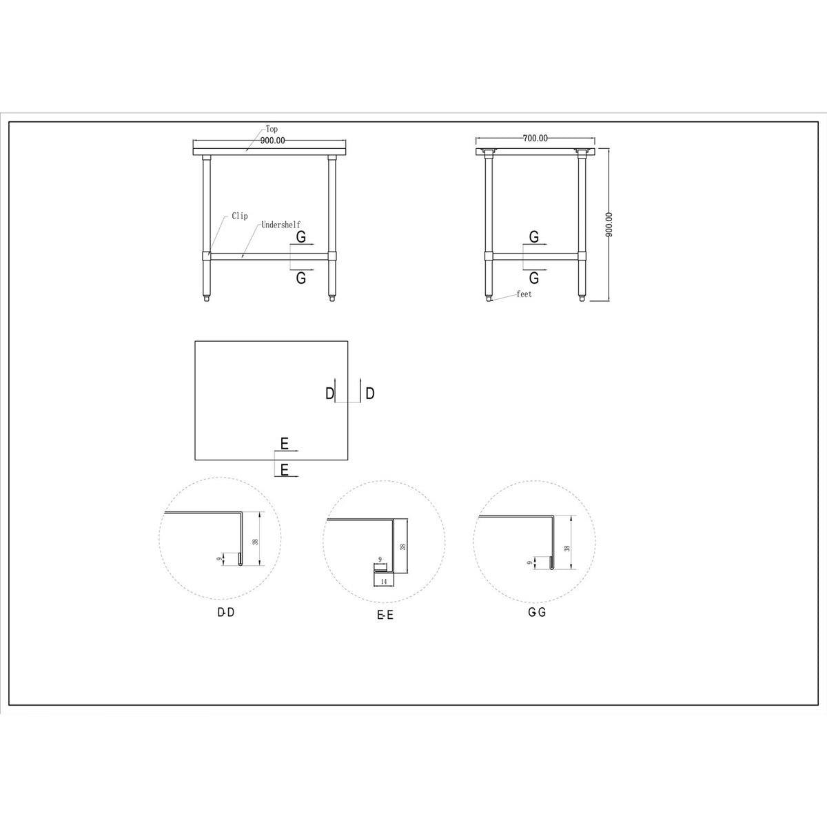Commercial Stainless Steel Work Table Bottom shelf 900x700x900mm - WT7090G