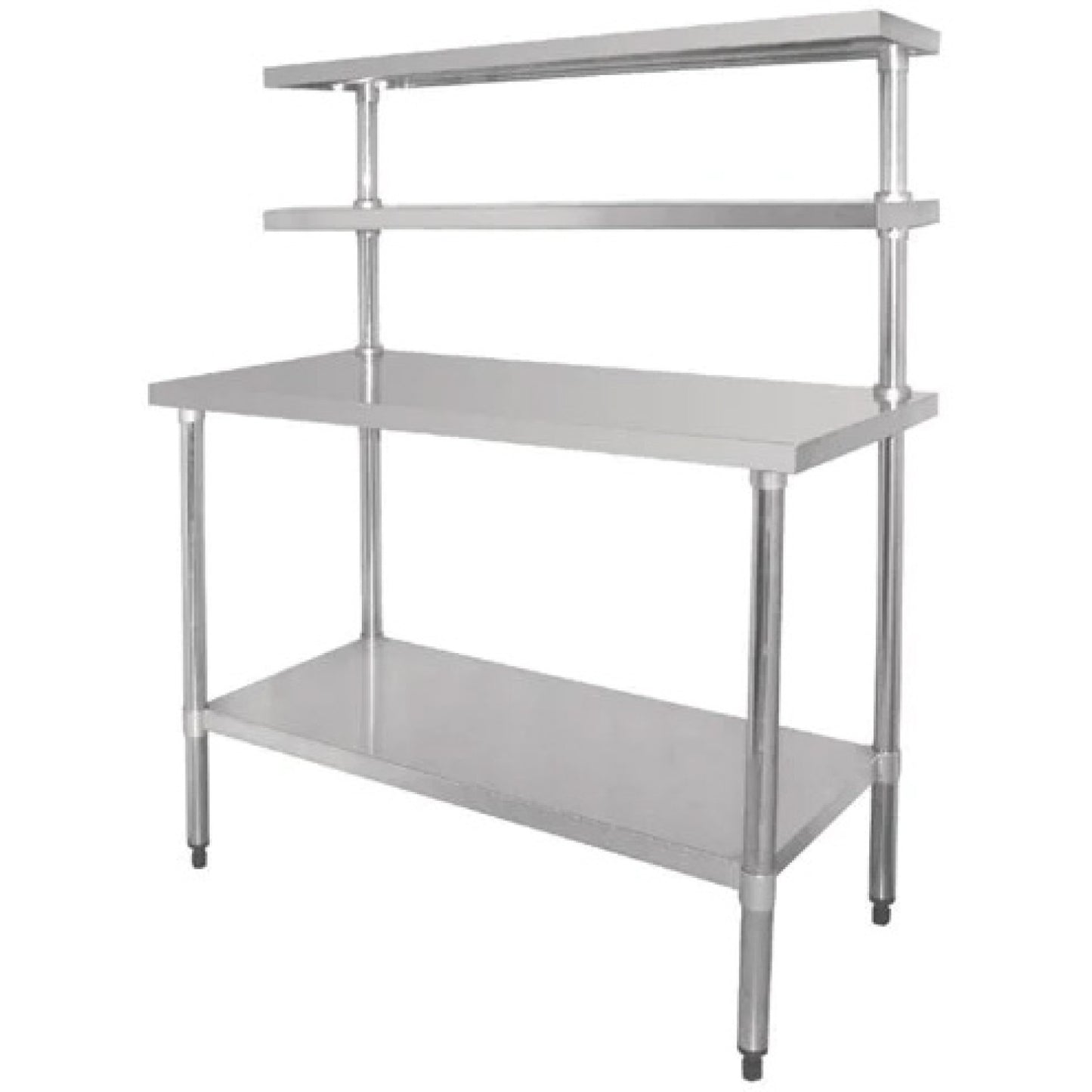Adexa WTS60120 Stainless Steel Prep Table 1200mm — front view showing 2 upper shelves and undershelf