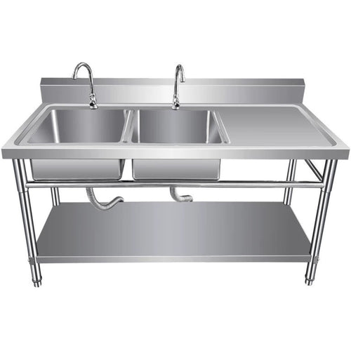Commercial Sink Stainless steel 1400x600x850mm 2 Bowls left Splashback Undershelf - WUDBS14060LEFT