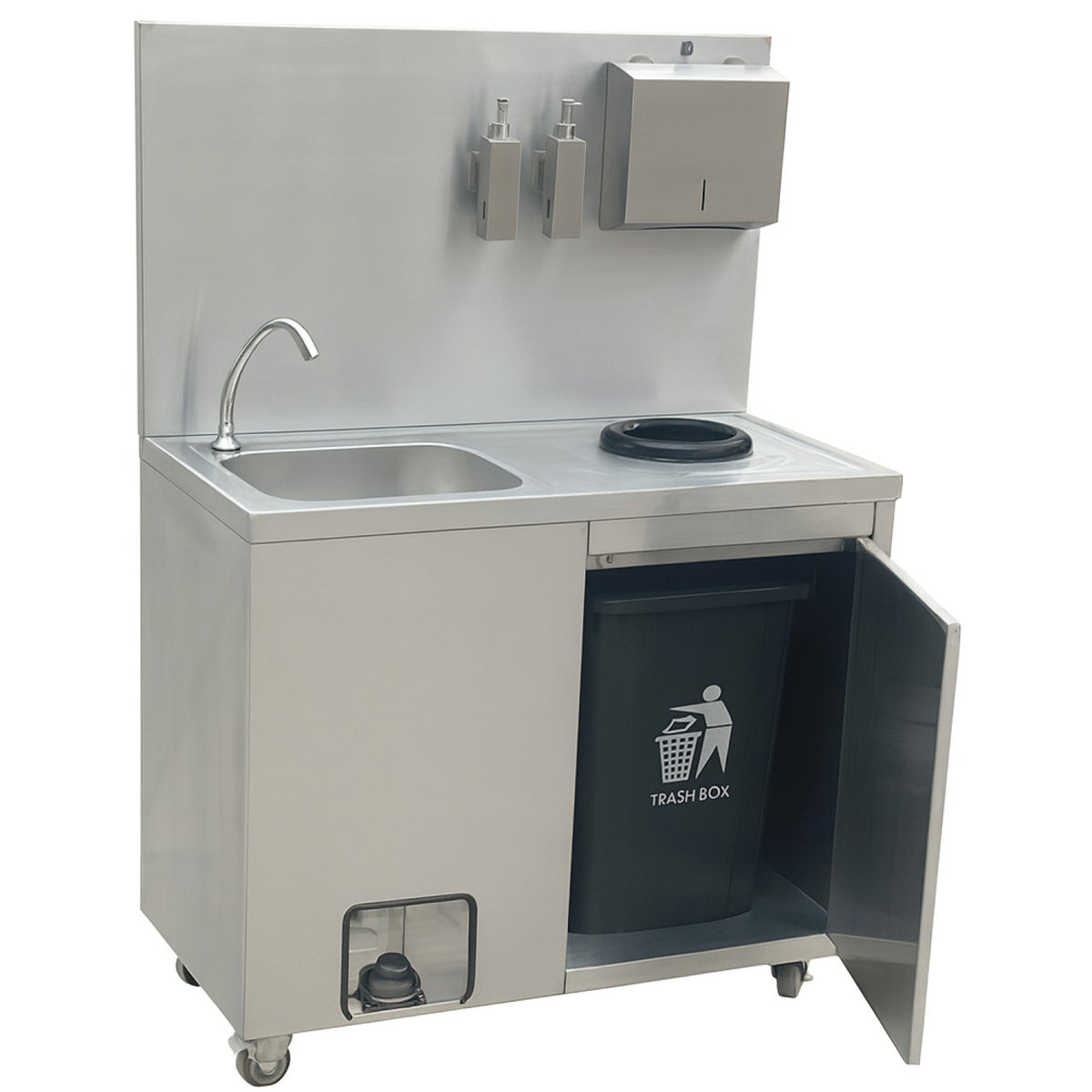 Mobile Stainless Steel Hygiene Station with Pedal Faucet & Waste Bin 1000x500x1350mm - YLSYT105