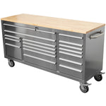 Widebody Heavy Duty 72" Stainless Steel Rolling Tool Chest with Wooden Worktop 17 Drawers 1978x610x1000mm Silver - YZM106