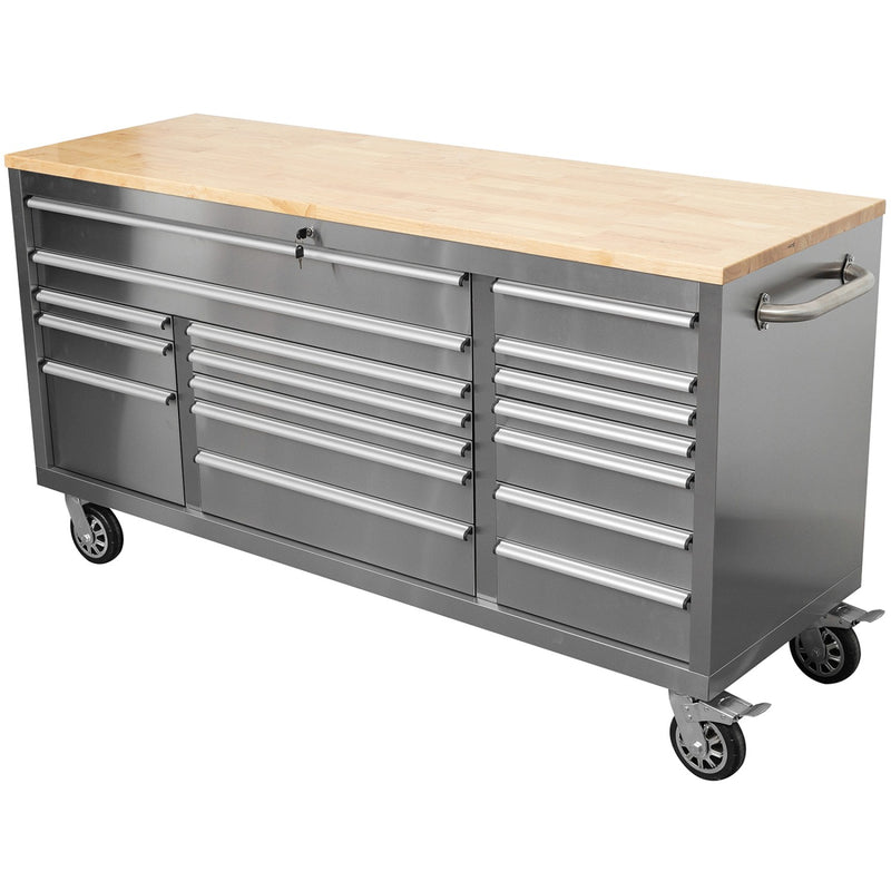 Widebody Heavy Duty 72" Stainless Steel Rolling Tool Chest with Wooden Worktop 17 Drawers 1978x610x1000mm Silver - YZM106