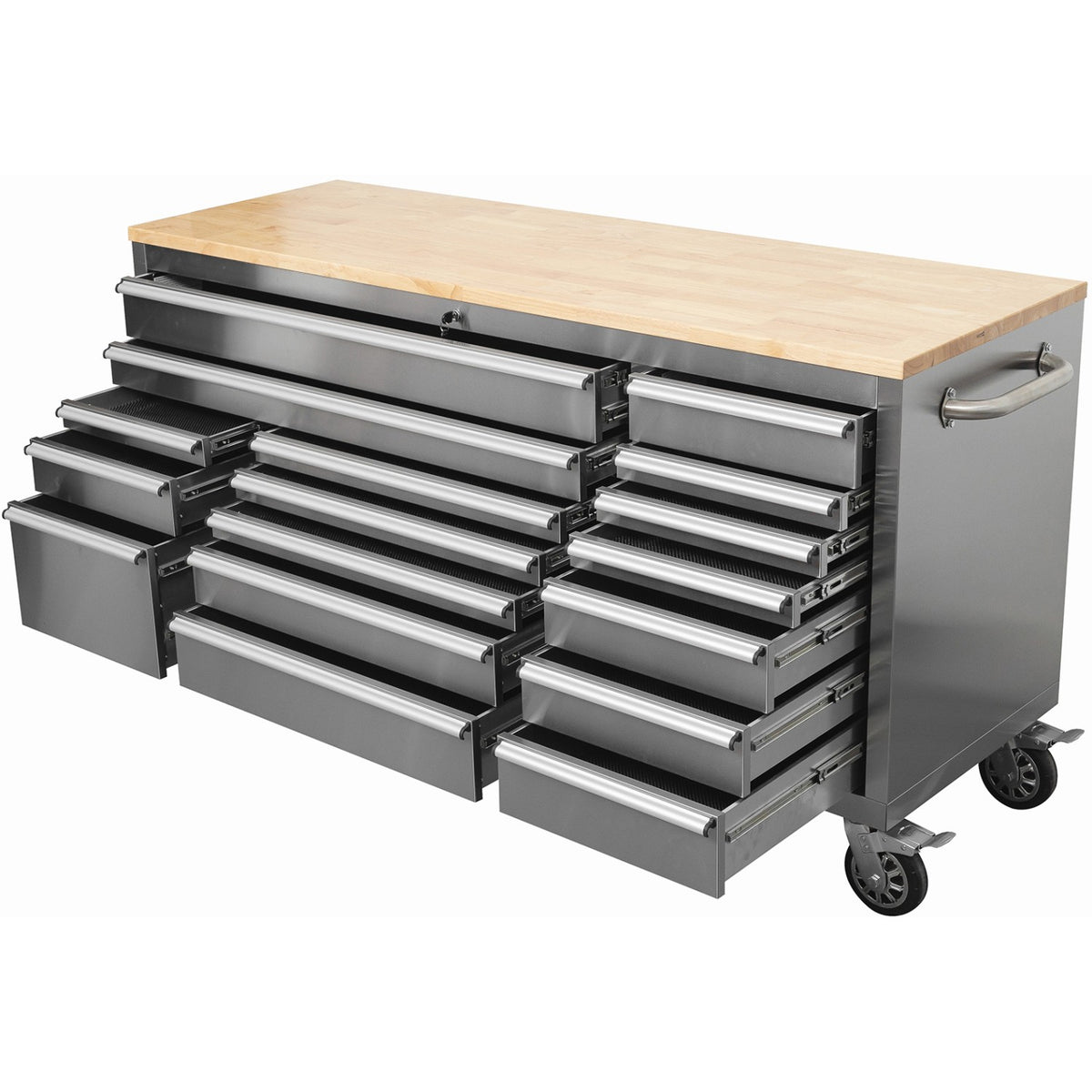 Widebody Heavy Duty 72" Stainless Steel Rolling Tool Chest with Wooden Worktop 17 Drawers 1978x610x1000mm Silver - YZM106
