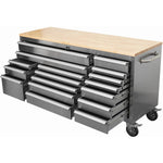 Widebody Heavy Duty 72" Stainless Steel Rolling Tool Chest with Wooden Worktop 17 Drawers 1978x610x1000mm Silver - YZM106